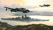 Bismarck into Battle, Schlachtschiff Bismarck und Me 110 Kunstdruck von Mark Postlethwaite