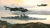 Bismarck into Battle, Battleship Bismarck and Me-110 art print by Mark Postlethwaite