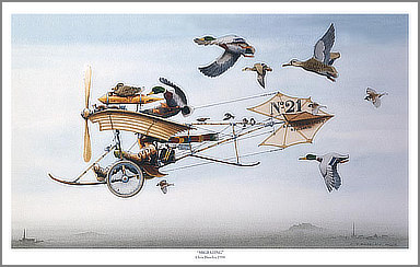 Migrating - Ultralight pilot flies with migration birds - Aviation Art with Humor by Chris Bazeley