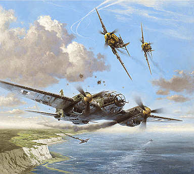 Narrow Escape, Heinkel He-111 and Me-109E aviation art print by Heinz Krebs