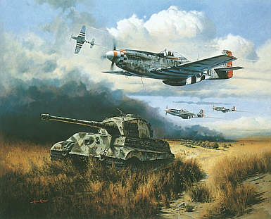 Normandy Tiger Hunt, P-51 Mustang and King Tiger military art print by Heinz Krebs