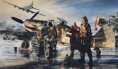 Prey for Mercy - Aviation Art by John D Shaw - Franz Stigler’s Me-109 and Charlie Brown’s B-17