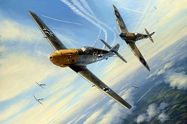 RLM Messerschmitt Me 109 JG 27 and RAF Spitfire aircraft art print by Mark Postlethwaite