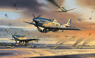 The Battle for New Years Day, P-51D Mustangs Asch airfield aviation art print by Nicolas Trudgian