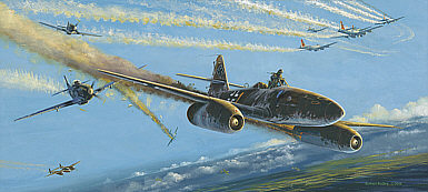 Escort Fury, Me-262, P-51D and B-17 aviation art by Robert Bailey