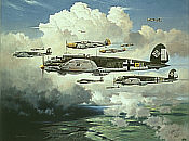 Out for Trouble, Heinkel He-111 and Me-109 aviation art print by Heinz Krebs