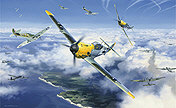 High Summer High Battle, Me 109 und Spitfire Luftfahrt-Kunstdruck von Nicolas Trudgian